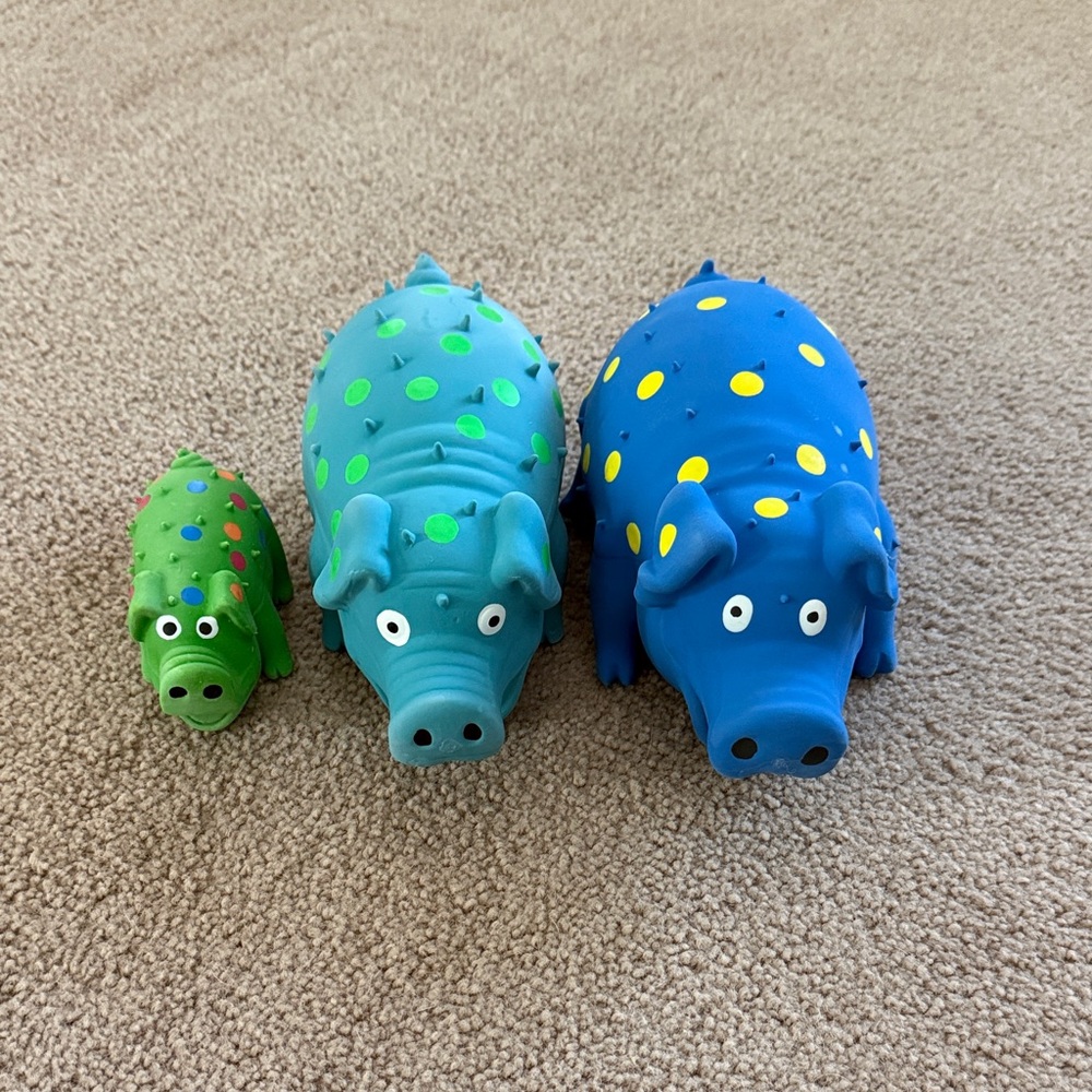 Set of 3 Colorful Rubber Pig Dog Toys - Blue, Teal, Green Pig Squeaky Dog Toy